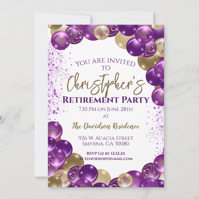 Invitación Retirement Party Purple Gold Balloons (Anverso)