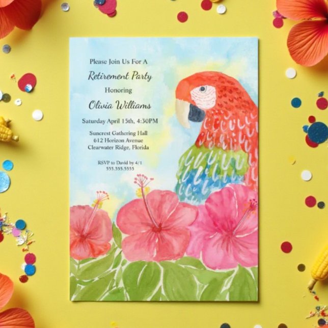 Invitación Retirement Scarlet Macaws and Pink Hibiscus  (Subido por el creador)