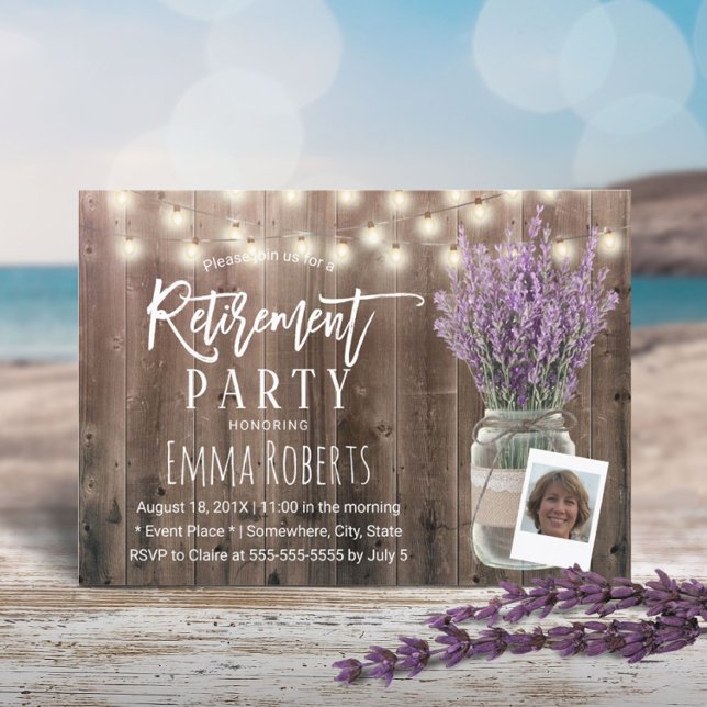Invitación Retiro de foto Lavanda Rústica Mason Jar Wood (Subido por el creador)