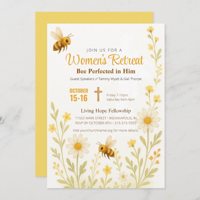 Invitación Retiro de iglesia de mujeres con flores de oro tem (Anverso / Reverso)