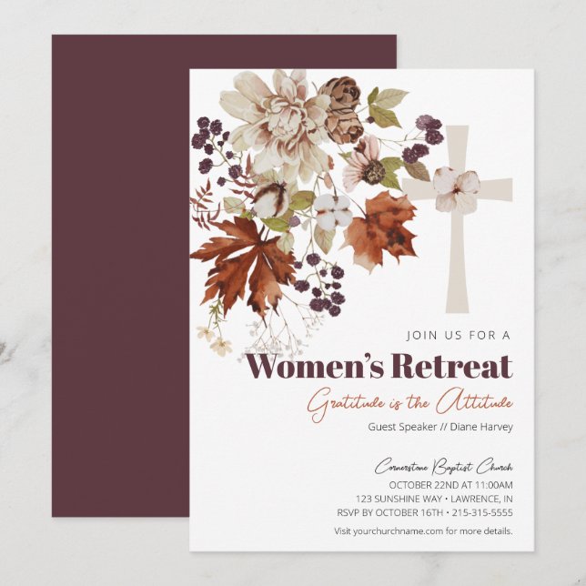 Invitación Retiro de iglesia de mujeres florales en otoño rús (Anverso / Reverso)