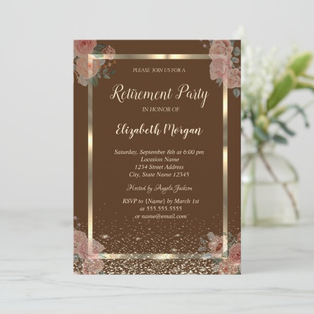 Invitación Retiro marrón de Rosas del Boho del marco dorado (Anverso de pie)
