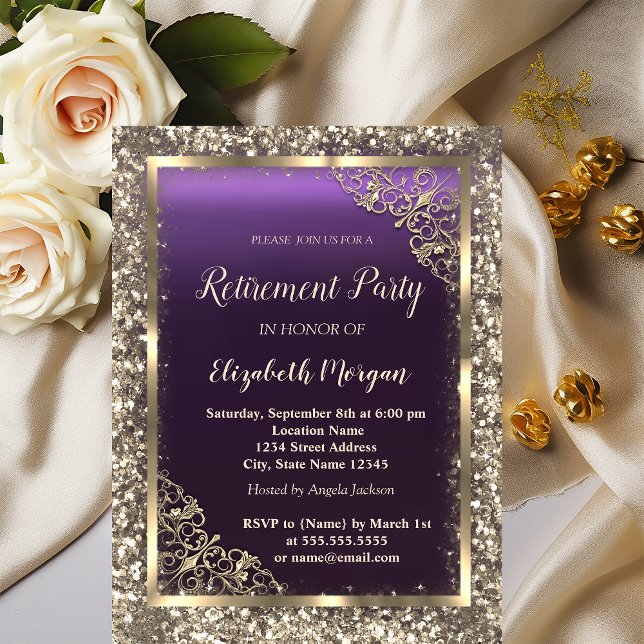 Invitación Retiro morado del marco floral del Purpurina dorad (Subido por el creador)