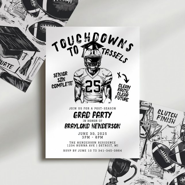 Invitación Retorno al Fiesta del Grado de Fútbol de Tassels (Football Grad Party Invitation | Touchdowns to Tassels | Senior Szn Complete)