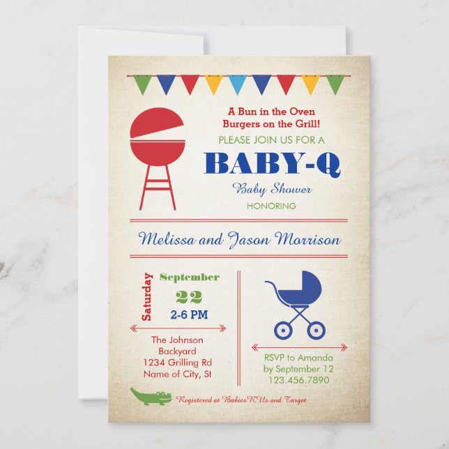 Invitación retra de Baby Shower del Bebé-q (Anverso)
