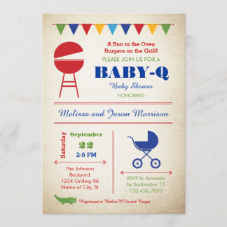 Invitación retra de Baby Shower del Bebé-q
