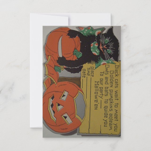 Invitación retra del fiesta de Halloween del gato (Anverso)