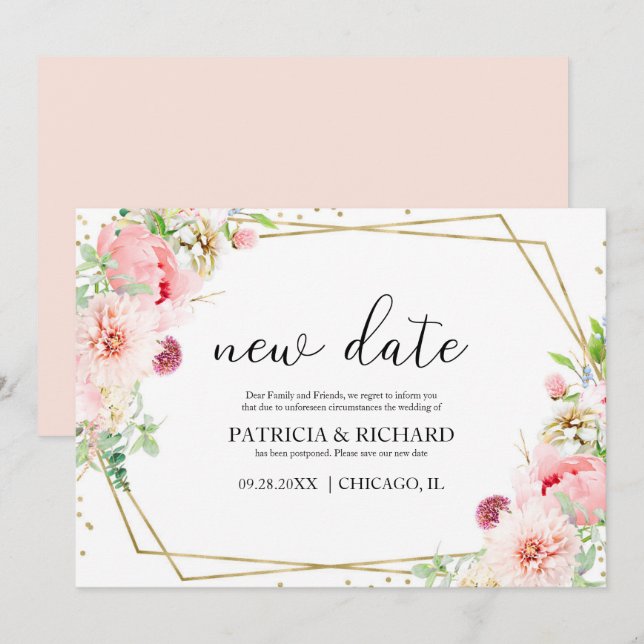 Invitación Retraso de Boda Geométrica Floral Rosa (Anverso / Reverso)