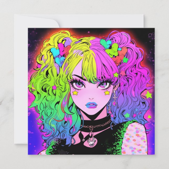 Invitación Retrato de Chica de anime del Gótico arcoiris neón (Anverso)