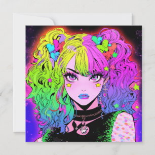 Invitación Retrato de Chica de anime del Gótico arcoiris neón