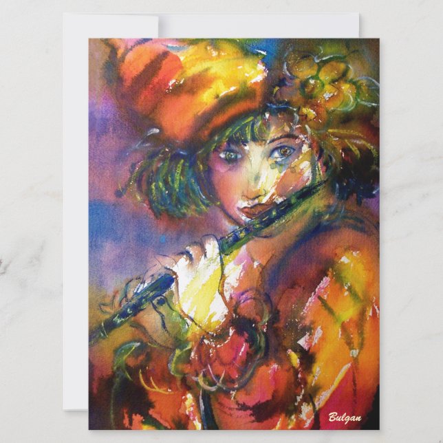 Invitación RETRATO DE FLUTISTA Mascarada Veneciana Oro Amaril (Anverso)