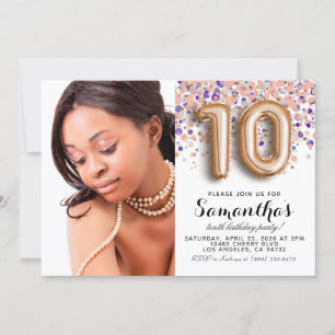 Invitación Retrato de oro de Confetti en el décimo cumpleaños