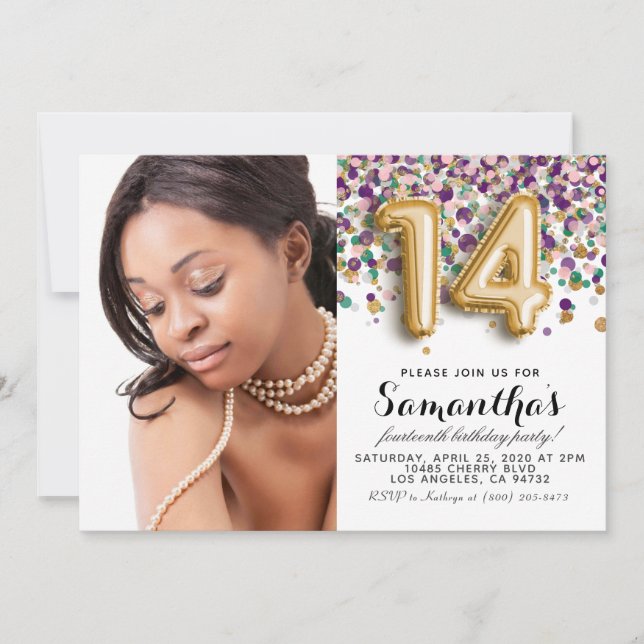 Invitación Retrato de oro de Confetti por el 14° cumpleaños (Anverso)