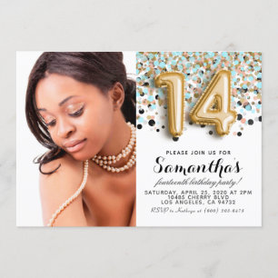 Invitación Retrato de oro de Confetti por el 14° cumpleaños