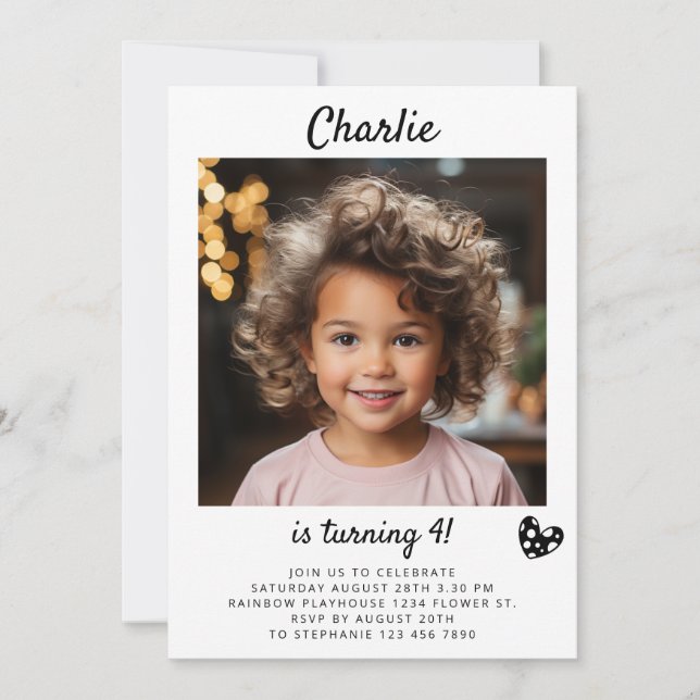 Invitación Retrato Foto Niños Imagen Guión Simple Cumpleaños (Anverso)