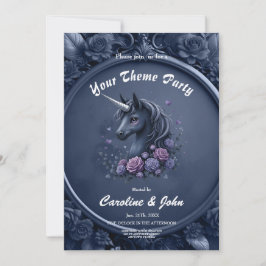 Invitación Retrato negro de unicornio en un marco redondo