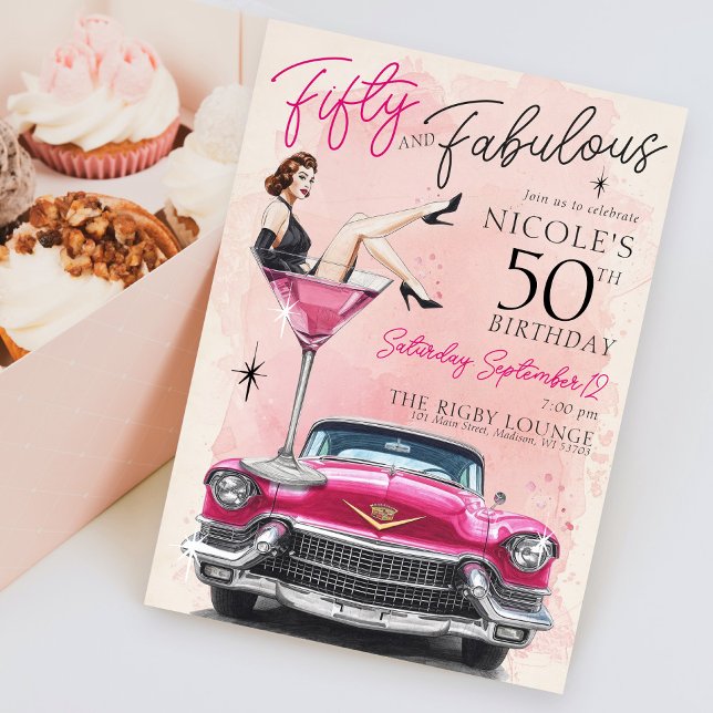 Invitación Retro 1950's Fifty & Fabulous Glam 50th Birthday (Retro 1950's watercolor Fifty and Fabulous pink old hollywood glam pinup birthday party invitation)
