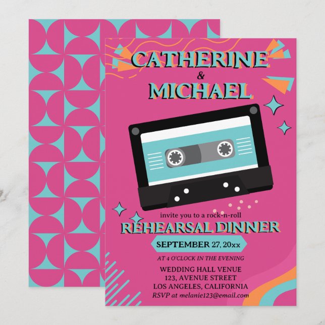 Invitación Retro 70 Music Cassette Tape Groovy Fuchsia Fun (Anverso / Reverso)