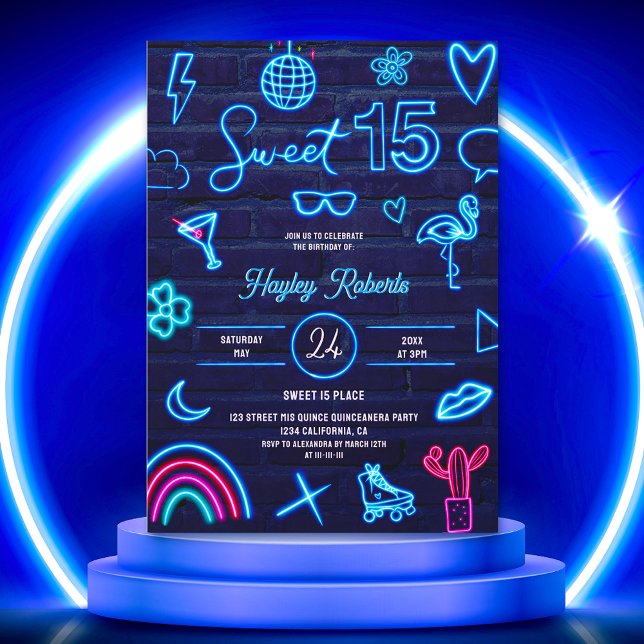 Invitación Retro 80 brillo láser neón Sweet 15 ladrillo azul  (Subido por el creador)