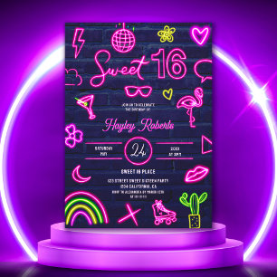 Invitación Retro 80 brillo láser neón Sweet 16 ladrillo azul 