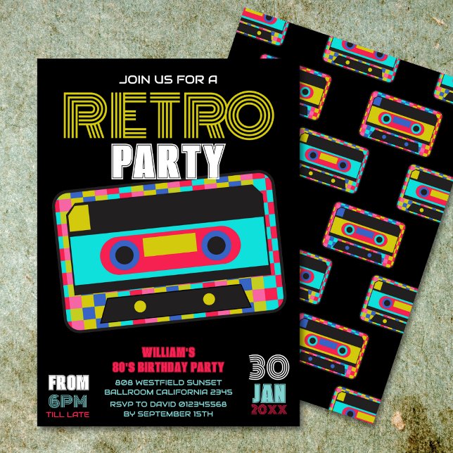Invitación Retro 80 Neon Cassette Cinta Fiesta de baile de cu (Subido por el creador)