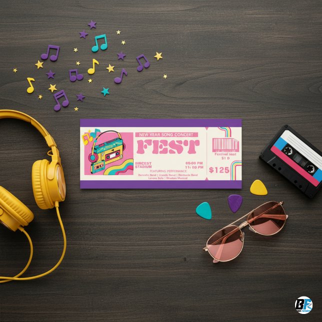 Invitación Retro 80s Cassette Boombox New Year Song Concert T (RETRO CONCERT TICKET)