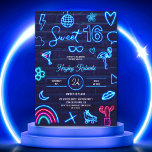 Invitación Retro 80s neon laser glow Sweet 16 navy blue brick<br><div class="desc">A cool and trendy Retro 80s neon laser glow Sweet 16 on navy blue bricks wall featuring electric neon blue illustration sign of flamingo,  sunglasses,  kiss,  pineapple,  rainbow,  hearts,  flowers. moon,  roller skates,  disco ball and more. Perfect for glow in the dark,  laser arcade themes neon birthday party .</div>