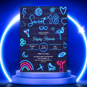 Invitación Retro 80s neon laser glow Sweet 16 navy blue brick