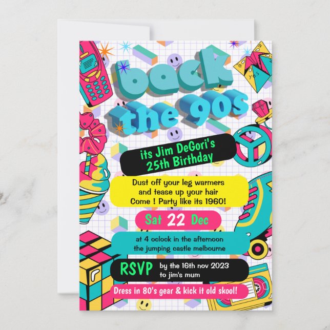 Invitación Retro 90 Funky Neon Glow Disco Cumpleaños (Anverso)