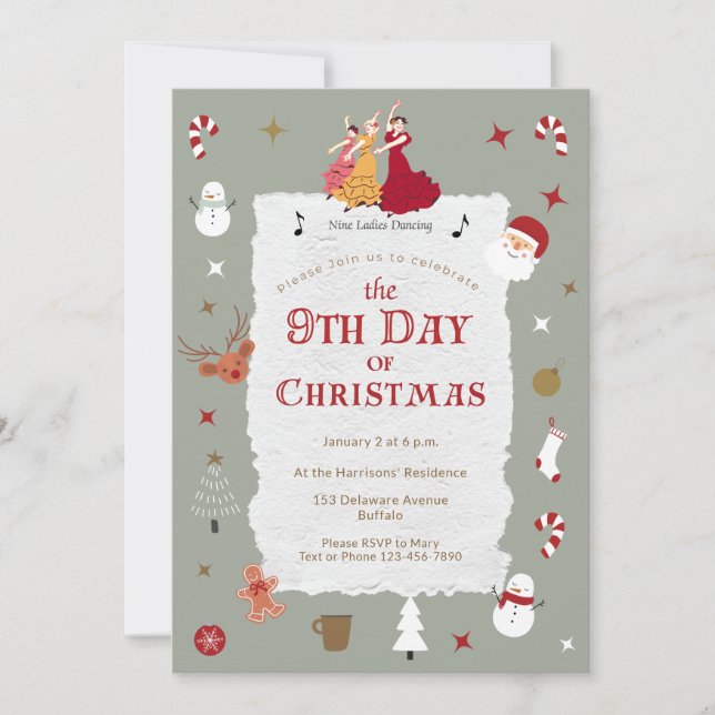 Invitación Retro 9th Day of Christmas Cute Mid-Century Xmas (Anverso)