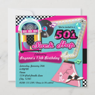 Invitación Retro a Fiesta de Cumpleaños SOCK HOP d