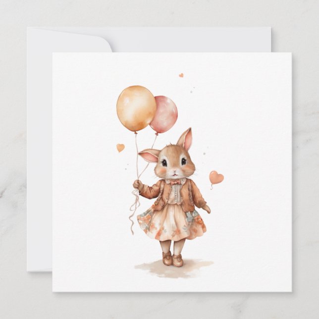Invitación Retro acuarela Niña conejita con globos  (Anverso)