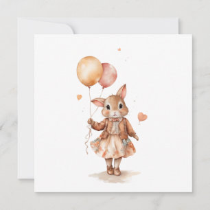 Invitación Retro acuarela Niña conejita con globos 