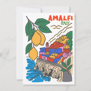 Invitación Retro Amalfi Italia Arte Mediterráneo Dibujado a M