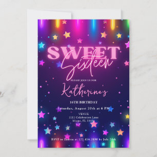 Invitación Retro Años 80 Brillo Láser Neon Dulces 16 Dieciséi
