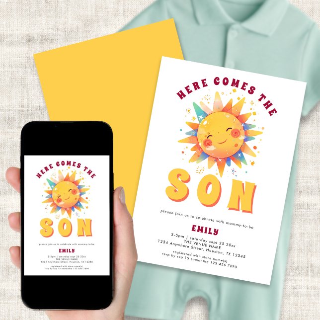 Invitación Retro Aquí Viene El Baby Shower Del Hijo (Available digitally and printed)