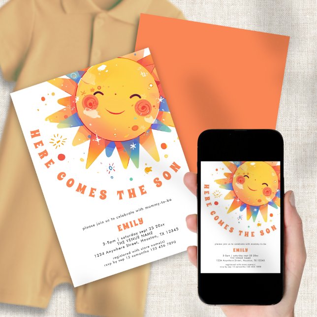 Invitación Retro Aquí Viene El Baby Shower Del Hijo (Front and back vie. Available digitally and printed)