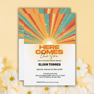 Invitación Retro Aquí Viene El Baby Shower Del Hijo