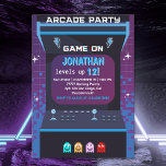 Invitación Retro Arcade Birthday Boy | Game On Party<br><div class="desc">Level up the fun with this retro arcade birthday invitation! Featuring a vintage video game machine in black,  blue,  and purple with the phrase “Arcade Party Game On”,  this design is perfect for kids who love gaming. A nostalgic yet modern look for your boy’s birthday party.</div>