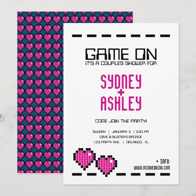 Invitación retro arcade GAMER BODA pareja ducha PINK LOVE (Anverso / Reverso)