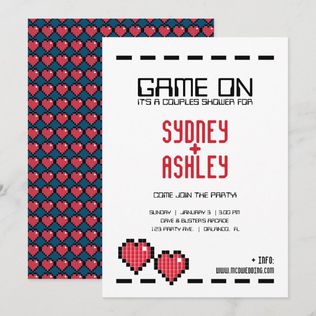 Invitación retro arcade GAMER BODA pareja ducha RED LOVE (Anverso / Reverso)