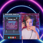 Invitación Retro Arcade Photo Birthday Boy | Game On Party<br><div class="desc">Make your child the star of the game with this retro arcade photo birthday invitation! Add your favorite picture alongside a classic arcade machine design in neon black,  blue,  and purple. A unique way to announce your little gamer’s big day!</div>