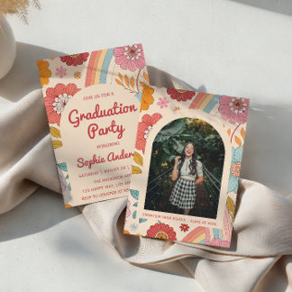 Invitación Retro Arch Photo Floral Rainbow Graduation Party  