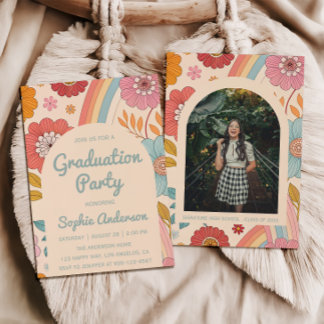Invitación Retro Arch Photo Floral Rainbow Graduation Party  