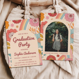 Invitación Retro Arch Photo Floral Rainbow Graduation Party  
