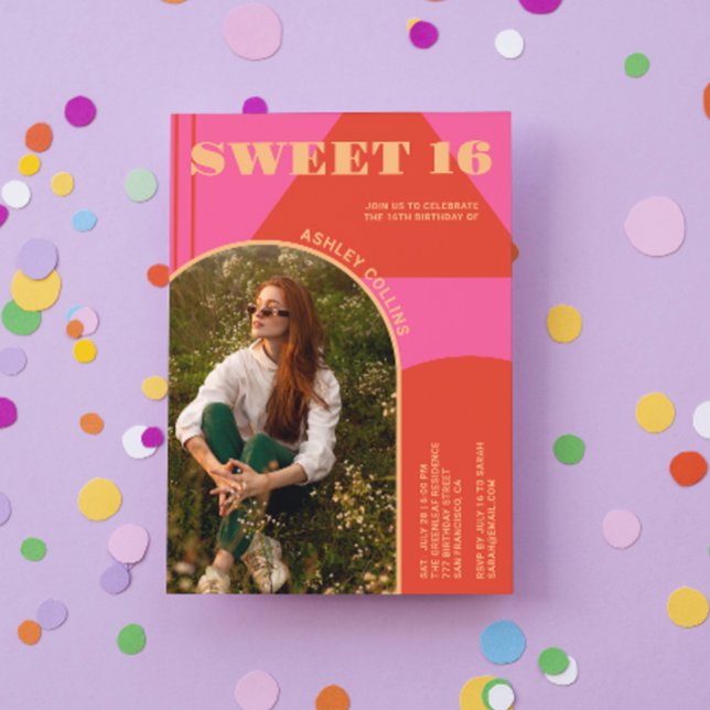 Invitación Retro Arch rosa y Naranja foto dulce 16 cumpleaños (Subido por el creador)