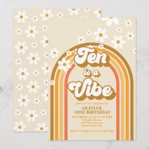 Invitación Retro Arcoíris Diez es una Vibra Retrodivertida Cu