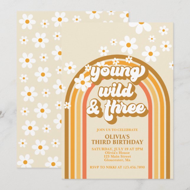 Invitación Retro Arcoíris Joven Salvaje y Tres Cumpleaños (Anverso / Reverso)