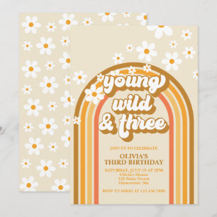Invitación Retro Arcoíris Joven Salvaje y Tres Cumpleaños