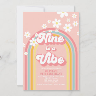 Invitación Retro Arcoíris Nueve es una Vibra Retro 9 Cumpleañ
